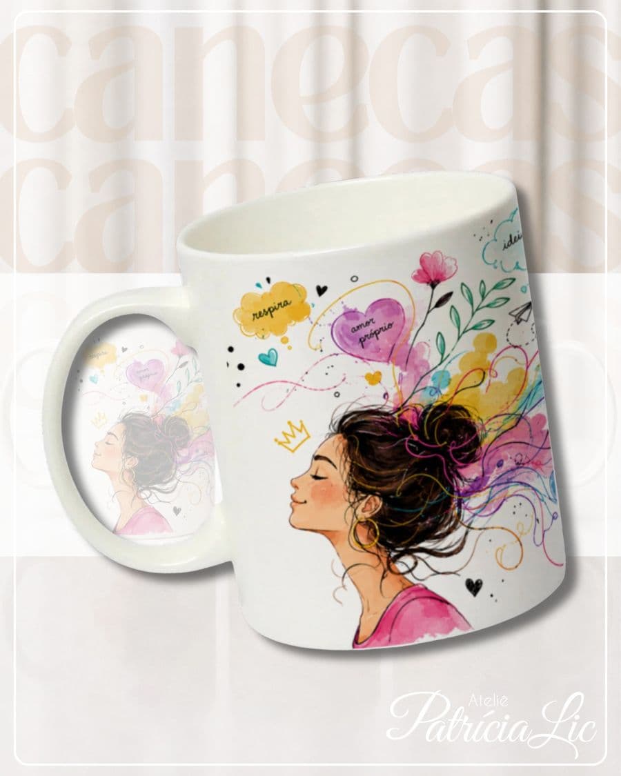 Caneca personalizada com ilustração de mulher de perfil com cabelo colorido e mensagens 'respira' e 'amor próprio'.